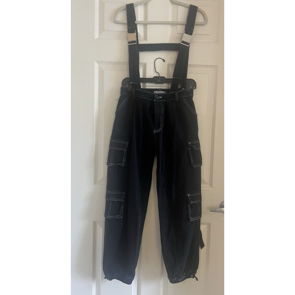 CARMAR Denim Cargo Pants Suspenders Black Contrast Stitch Utility Y2K 10 27x27